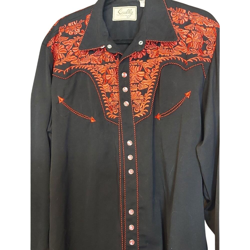 VTG black and red Scully Embroidered Western wear pearl snap front shirt L